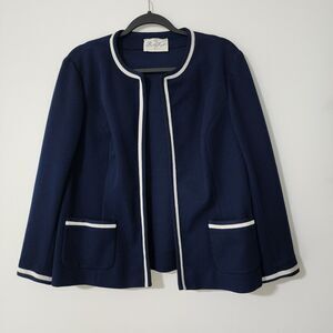 Vintage Butte Knit Womens Open Jacket Navy Blue White Trim Dacron Size L